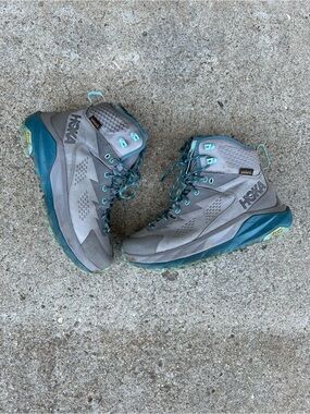 Hoka Women's Grey and Teal Lace-Up Trail Boots